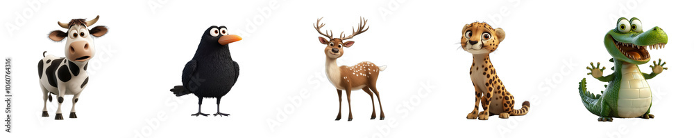 Collection set of animals Cow Crow Deer Cheetah Crocodile isolated on transparent background 3D style Collection set of animals Cow Crow Deer Cheetah Crocodile isolated on transparent background 3D style