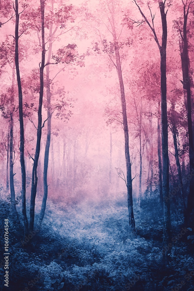 Naklejka premium Misty forest envelopes trees in ethereal pink and blue hues creating a dreamlike atmosphere for nature enthusiasts and photographers to explore the beauty of the wilderness