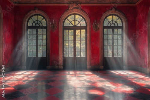 Sunbeams Through Arched Windows in a Red Room