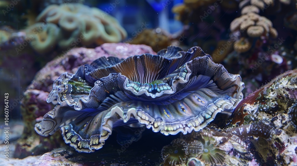 Obraz premium Giant clam shows off vibrant colors in a saltwater aquarium, adding beauty to the coral reef. Its blue, purple, green, and brown hues create a captivating texture
