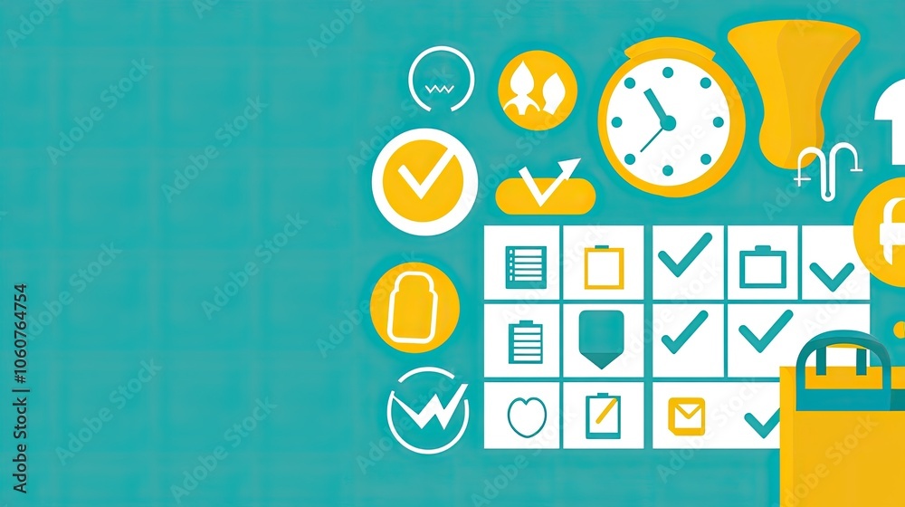 Colorful icons and symbols on a teal background for productivity and planning. Colorful icons and symbols on a teal background for productivity and planning.