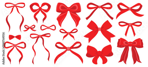 Simple hand drawn ribbon bow collection. Bowknot for decoration, big set of bowtie. Large retro hand drawn ribbon illustration set. Set of various cartoon bow knots, gentle gift ribbons red color