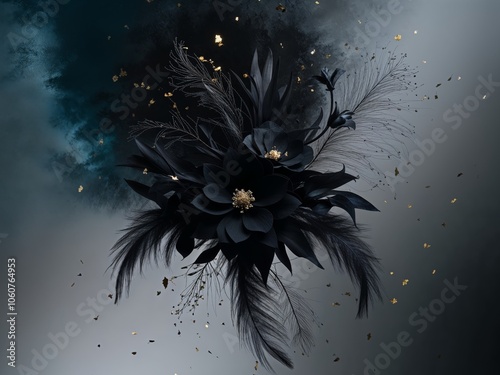 enigmatic dark floral impressionist artwork with golden flecks and deep blue undertones.