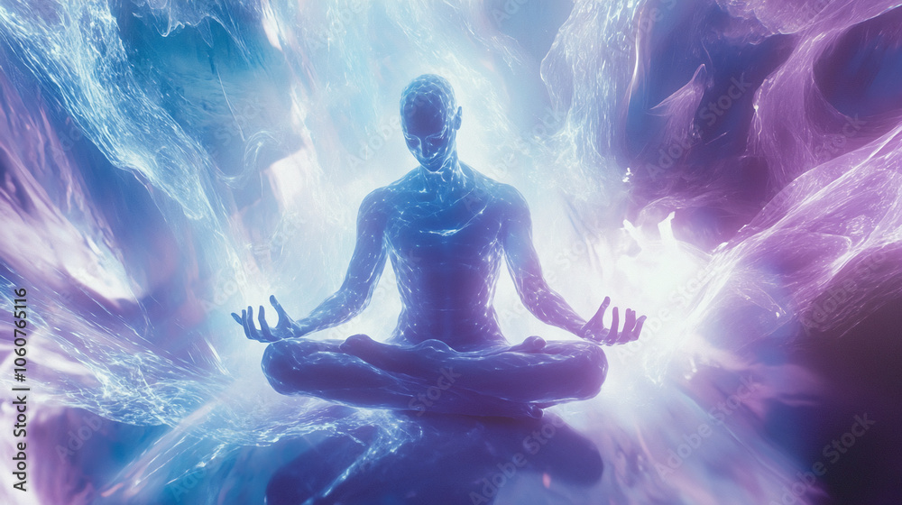 A digital rendering of a person meditating in a glowing, ethereal space A digital rendering of a person meditating in a glowing, ethereal space