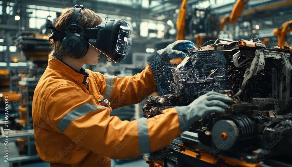 Engineer using AR to monitor machinery in a smart factory setting Engineer using AR to monitor machinery in a smart factory setting