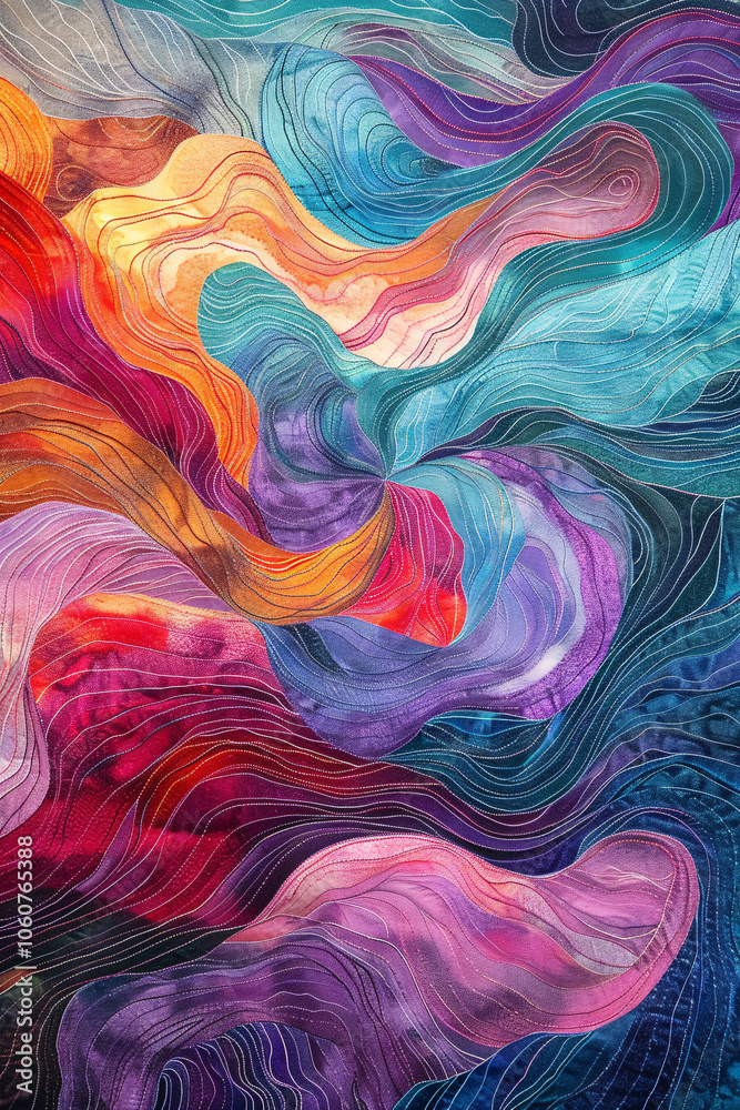 Vibrant abstract artwork with flowing lines and layered curves in rich colors of blue, purple, red, and orange, creating a dynamic composition Vibrant abstract artwork with flowing lines and layered curves in rich colors of blue, purple, red, and orange, creating a dynamic composition