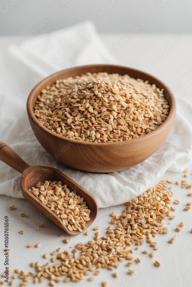 Dry buckwheat groats in a wooden bowl with a wooden scoop with groats near. Dry buckwheat groats in a wooden bowl with a wooden scoop with groats near.