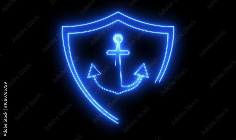 Glowing neon line Anchor inside shield icon isolated on black background. Glowing neon line Anchor inside shield icon isolated on black background.