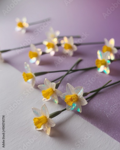 holographic glitter daffodils on pastel purple background. photo