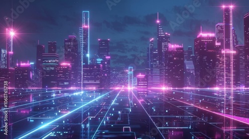 Futuristic cityscape at night with glowing skyscrapers and neon lights, overlaid with a digital grid for a mesmerizing scene of urban innovation