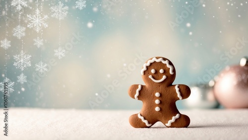 cute gingerbread man with icing decorations and snowflakes in the background. photo