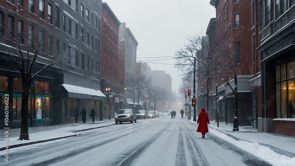 Woman Crossing Snowy City Street