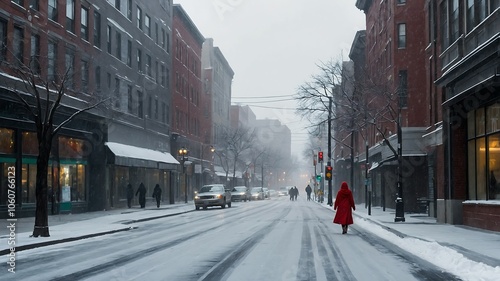 Obraz na płótnie Woman Crossing Snowy City Street w salonie