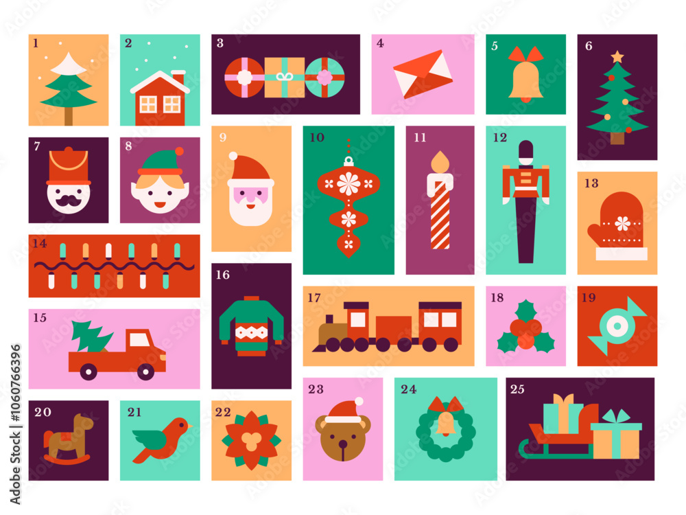 Colorful Modern Advent Calendar with Festive Christmas Icons Colorful Modern Advent Calendar with Festive Christmas Icons