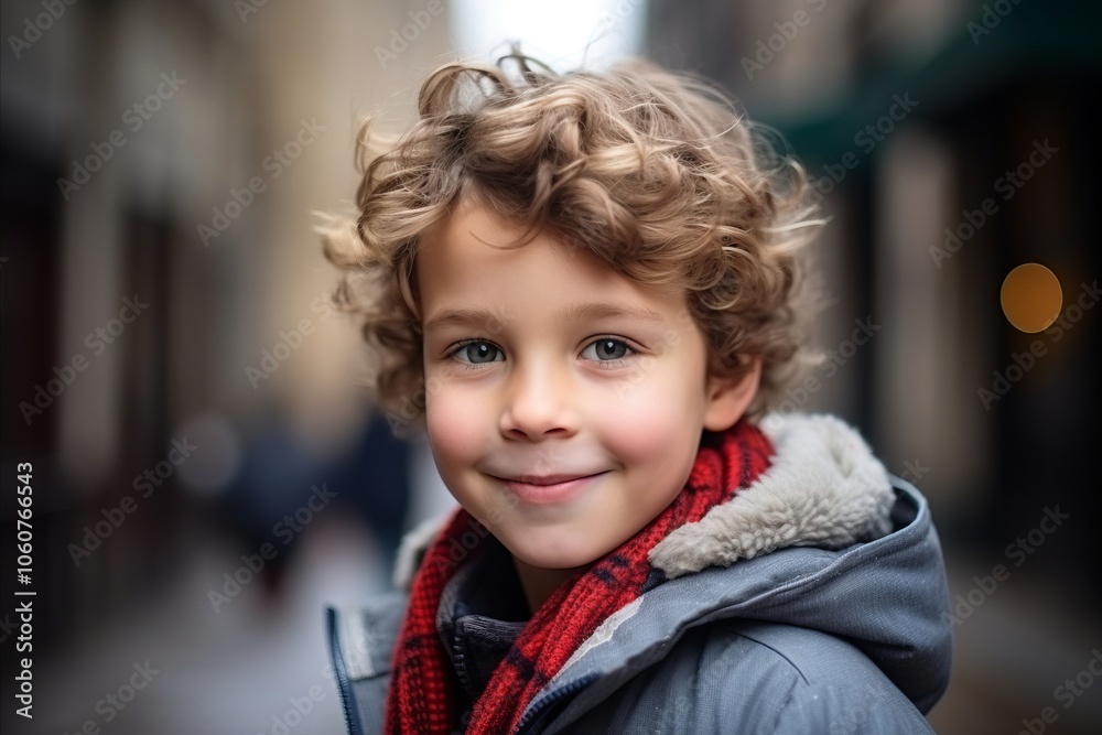 Portrait of a cute little boy with curly hair in the city