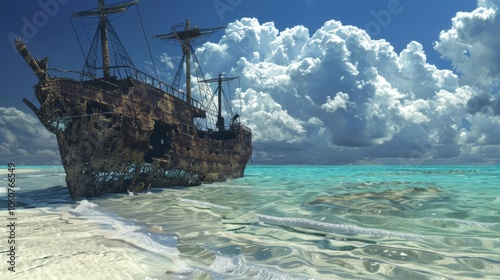 Stunning shipwreck on scenic beach  weathered vessel meets gentle ocean waves and blue sky photo