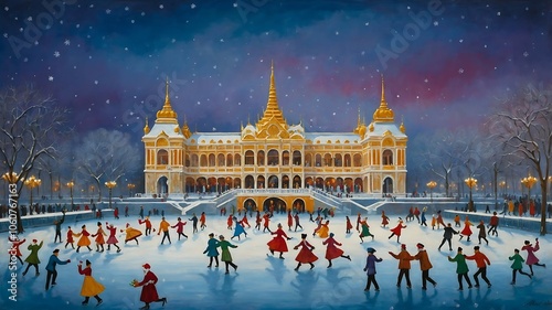 Obraz na płótnie Skaters on Festive Ice Rink w salonie