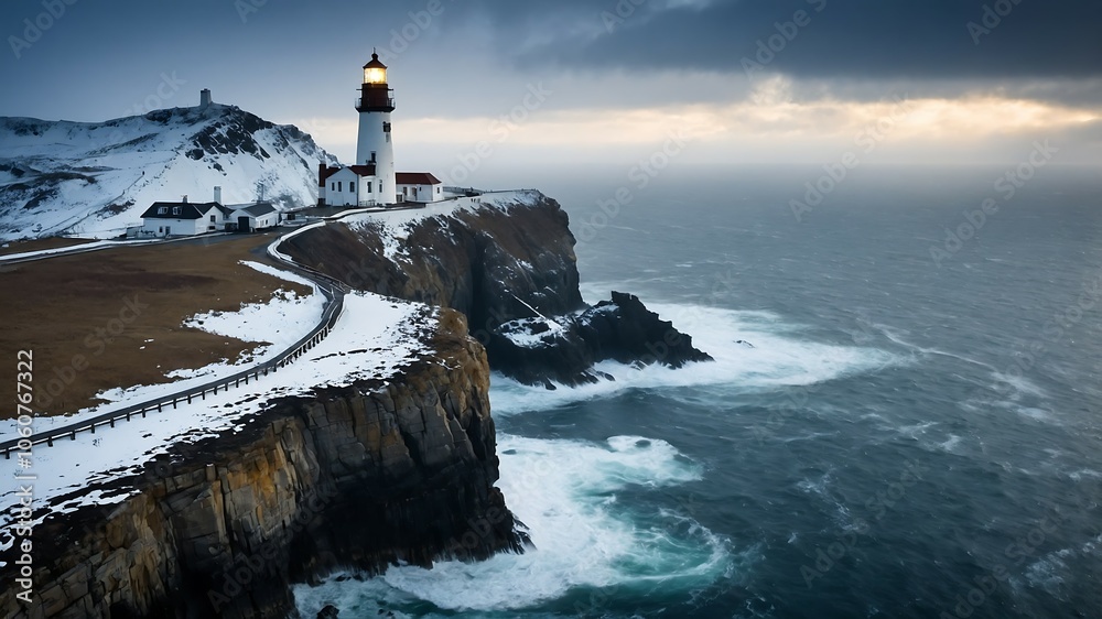 Lighthouse on Stormy Winter Coast