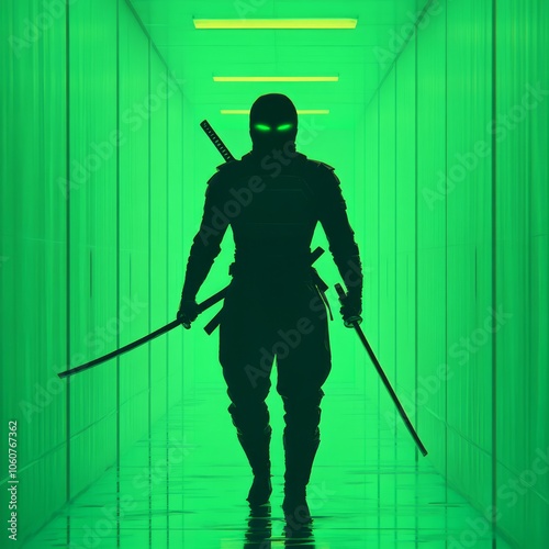 A shadowy figure, likely a ninja or assassin, stands in a green-lit hallway, wielding two swords.