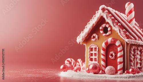 A cozy Christmas gingerbread house with candy decorations on a festive red backdrop
