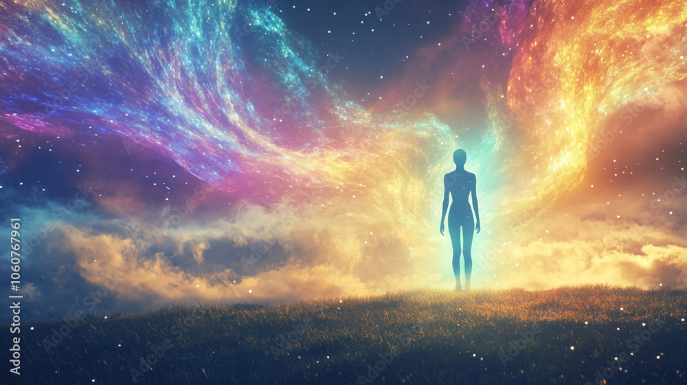 Fototapeta premium A silhouette of a person stands on a grassy hill, gazing at a vibrant cosmic sky