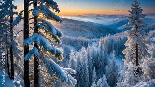 Obraz na płótnie Snowy Forest in Mountain Sunrise w salonie
