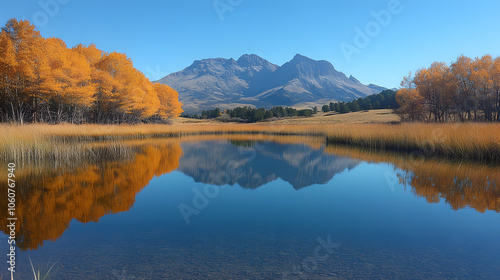 A Still Lake with Mountains and Trees Reflected on the Water 