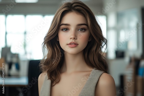 Free Download Portrait of a Young Woman with Brown Hair in an Office Setting - GFXLoad