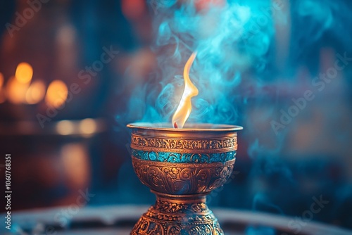 Ornate Golden Candle Holder with Smoke and Flame Blue Background