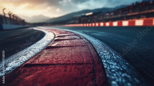 Asphalt Race Track with Dynamic Infrastructure in Motion, Ideal for Speed, Racing, and Motorsport Themes, High-Quality Image Capturing the Energy of a Racing Environment for Microstock Use photo