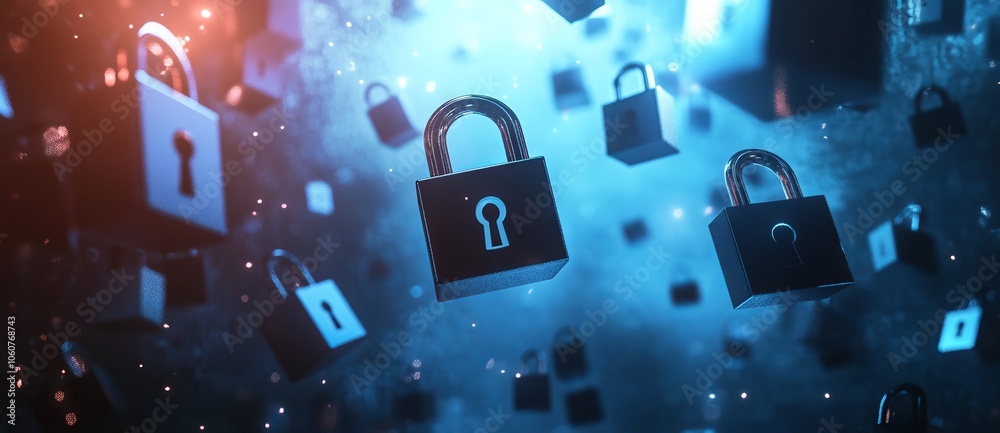 3D Rendering of Floating Padlock Icons on a Dark Blue Background. AI generated illustration 3D Rendering of Floating Padlock Icons on a Dark Blue Background. AI generated illustration