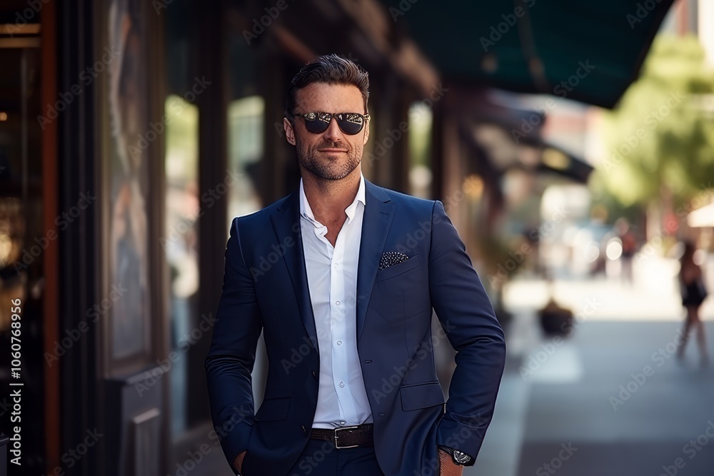 Portrait of a handsome young man in sunglasses walking on the street. Portrait of a handsome young man in sunglasses walking on the street.