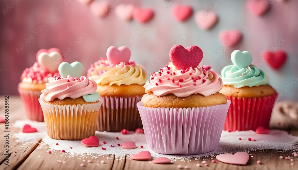 Valentine cupcakes decorated with sweet hearts on wooden table
Valentine cupcakes decorated with sweet hearts on wooden table