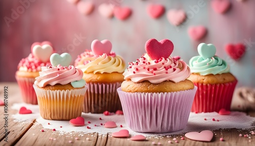 Valentine cupcakes decorated with sweet hearts on wooden table 