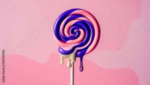 Purple and Pink Swirled Lollipop with Melting Icing on Pink Background. photo