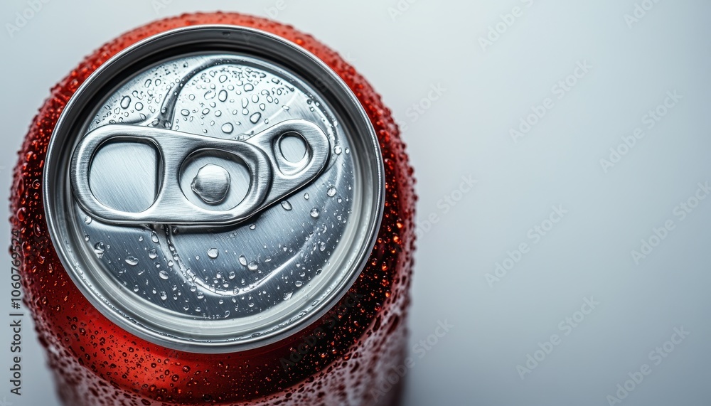 A shiny red aluminum soda can with condensation on a white background