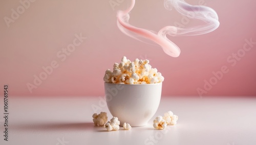 Popcorn in a cup on a pink background with pastel smoke.