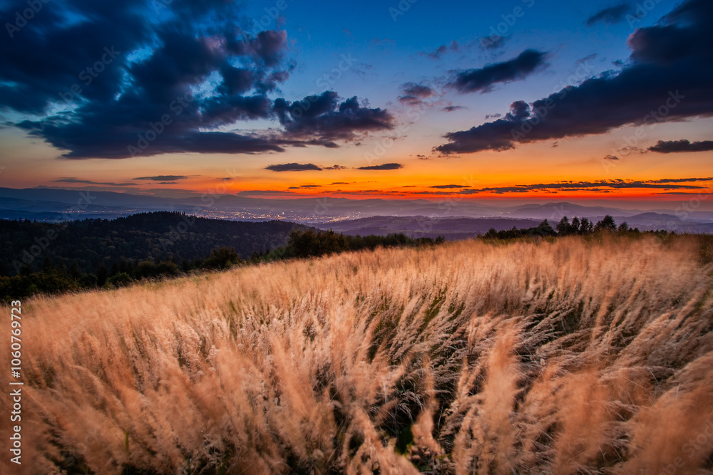 Obraz premium Widok z Paszyna na Kotlinę Sądecką i miasto Nowy Sącz.