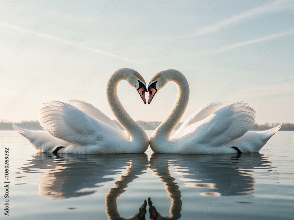 Fototapeta premium swans forming heart shape on serene water.