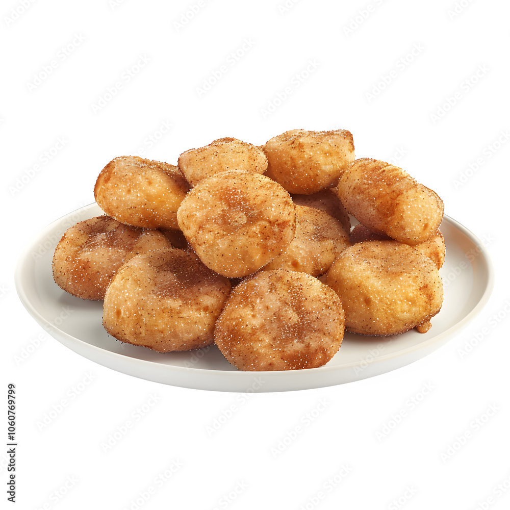 Stack of warm cinnamon sugar donuts displayed on a clean white dish, set against a clear background, ideal for any food-themed projects Stack of warm cinnamon sugar donuts displayed on a clean white dish, set against a clear background, ideal for any food-themed projects