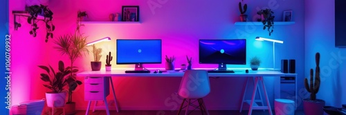 Neon-lit gaming setup, futuristic workspace, RGB lighting, dual monitor configuration, gaming chair, modern desk, cyberpunk aesthetic, pink and blue color scheme, panoramic view, ultrawide monitors, s