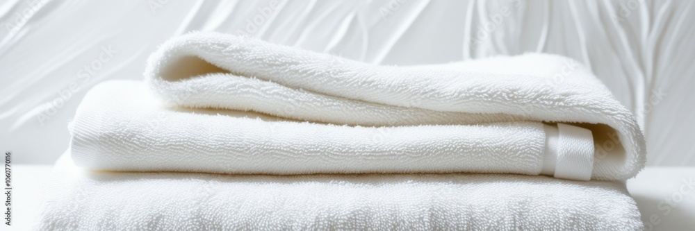 Soft white towels, folded neatly, close-up texture, cotton fabric, fluffy material, clean and fresh, spa atmosphere, minimalist composition, bright lighting, crisp details, serene mood, hygiene concep Soft white towels, folded neatly, close-up texture, cotton fabric, fluffy material, clean and fresh, spa atmosphere, minimalist composition, bright lighting, crisp details, serene mood, hygiene concep