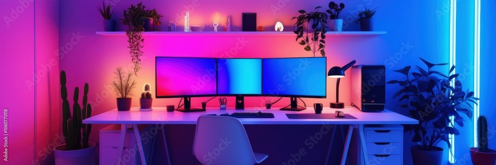 Neon-lit gaming setup, futuristic workspace, RGB lighting, dual monitor configuration, gaming chair, modern desk, cyberpunk aesthetic, pink and blue color scheme, panoramic view, ultrawide monitors, s Neon-lit gaming setup, futuristic workspace, RGB lighting, dual monitor configuration, gaming chair, modern desk, cyberpunk aesthetic, pink and blue color scheme, panoramic view, ultrawide monitors, s
