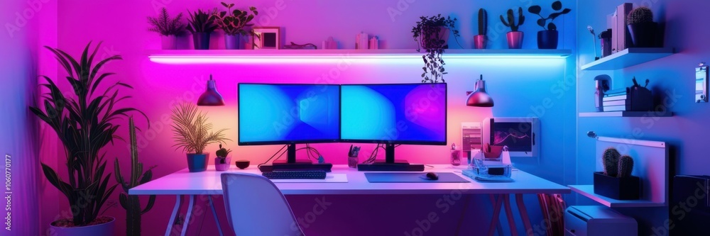 Neon-lit gaming setup, futuristic workspace, RGB lighting, dual monitor configuration, gaming chair, modern desk, cyberpunk aesthetic, pink and blue color scheme, panoramic view, ultrawide monitors, s Neon-lit gaming setup, futuristic workspace, RGB lighting, dual monitor configuration, gaming chair, modern desk, cyberpunk aesthetic, pink and blue color scheme, panoramic view, ultrawide monitors, s