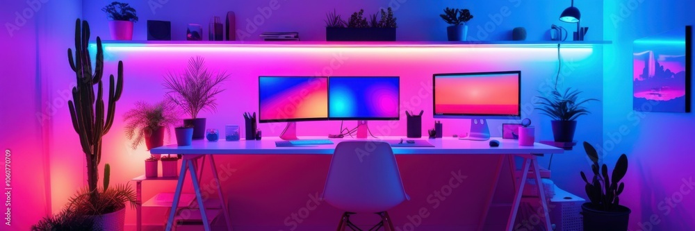 Neon-lit gaming setup, futuristic workspace, RGB lighting, dual monitor configuration, gaming chair, modern desk, cyberpunk aesthetic, pink and blue color scheme, panoramic view, ultrawide monitors, s Neon-lit gaming setup, futuristic workspace, RGB lighting, dual monitor configuration, gaming chair, modern desk, cyberpunk aesthetic, pink and blue color scheme, panoramic view, ultrawide monitors, s
