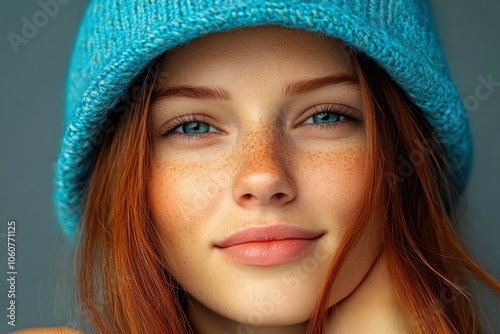 Close-up Portrait of a Young Woman with Freckles and a Blue Knit Hat