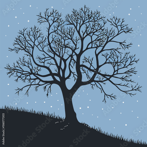 A silhouette of a bare tree against a night sky, illuminated by a scattering of stars. This minimalist design captures the beauty of a simple scene, conveying tranquility and serenity.