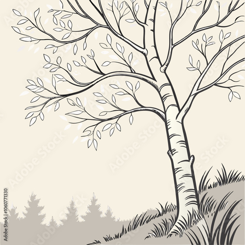 A delicate black and white illustration of a lone birch tree with a textured bark, surrounded by a subtle background of a forest and grass. The tree stands tall and slender.