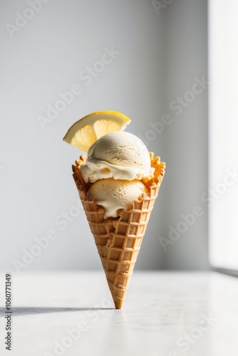 lemon ice cream in waffle cone with citrus garnish.