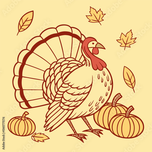 A charming illustration of a Thanksgiving turkey, with its tail feathers spread wide, surrounded by autumn leaves and pumpkins. Perfect for adding a festive touch to your holiday designs. photo